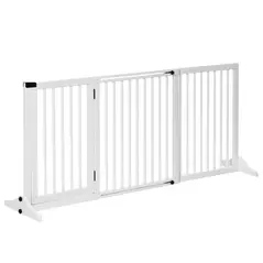 PawHut Wooden Dog Gate, Dog Fence Indoor, Freestanding Dog Barrier, Adjustable Lockable Fence with 3 Panels, 71H x 113-166W cm, White - 1