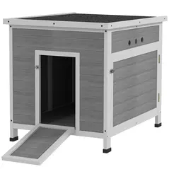 PawHut Wooden Duck House with Ramp, Double Doors, Openable Asphalt Roof, Ventilation Holes, Removable Base, Light Grey - 1