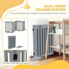 PawHut Wooden Pet Gate Foldable Freestanding Dog Safety Barrier w/ Support Feet, Grey - 4