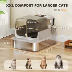 PawHut XXL Stainless Steel Cat Litter Tray, Enclosed Cat Litter Box with 90° Flip Cover, Double Doors, Scoop, Easy Clean, Grey - 3