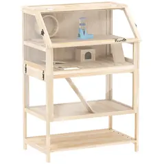 PawHut Wooden Hamster Cage with Detachable Lower Floor, Storage Shelf, Hut, Seesaw, Exercise Wheel, Ramps for Hamster - 1