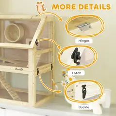 PawHut Wooden Hamster Cage with Detachable 32cm Deep Bottom, Hut, Seesaw, Exercise Wheel, Ramp, 60 x 40 x 75cm, Natural - 8