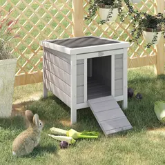 PawHut Wooden Rabbit Hutch Outdoor, Guinea Pig Hutch, Rabbit Hideaway, Cat House, Bunny Cage Small Animal House with Openable Roof, 51 x 42 x 43 cm, Grey - 2