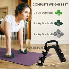 SPORTNOW Dumbbells Set with Storage Rack, 2 x 1kg, 2 x 3kg, 2 x 5kg, Green - 4