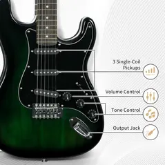 SPORTNOW Six-String Electric Guitar, with 15W Amplifier, Digital Turner, Picks, Shoulder Strap, Case Bag - Dark Green - 5