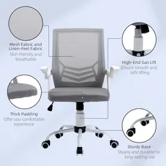 Vinsetto Home Office Chair and Computer Desk Set, Mesh Chair with with 90° Flip-up Armrest, Study Desk with Keyboard Tray and Drawer, White and Grey - 6