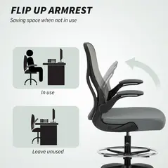 Vinsetto Drafting Chair, Ergonomic Tall Office Chair with Flip-up Armrests, Mesh Back, Lumbar Support, Adjustable Height and Foot Ring, Swivel Wheels, for Standing Desk, Charcoal Grey - 7