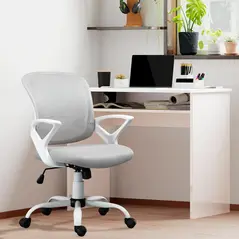 Vinsetto Home Office Chair and Computer Desk Set, Mesh Chair with Swivel Wheels, Study Desk with Storage Shelf, High Gloss White and Grey - 2