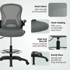 Vinsetto Drafting Chair, Ergonomic Tall Office Chair with Flip-up Armrests, Mesh Back, Lumbar Support, Adjustable Height and Foot Ring, Swivel Wheels, for Standing Desk, Charcoal Grey - 9