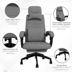 Vinsetto Linen-Look Office Chair, with 160° Reclining Back and Footrest - Dark Grey - 5