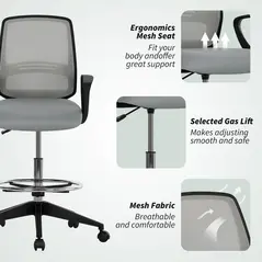 Vinsetto 100-120cm Draughtsman Office Chair, with Footrest - Light Grey - 8