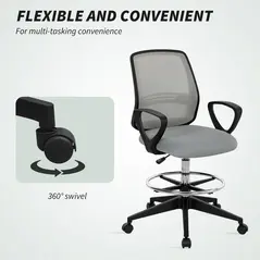 Vinsetto 100-120cm Draughtsman Office Chair, with Footrest - Light Grey - 7