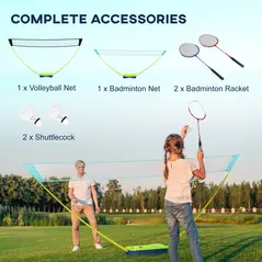 SPORTNOW Portable Badminton Net Set w/ Volleyball Net, Rackets, Shuttlecocks - 6