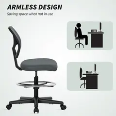 Vinsetto Ergonomic Mesh Standing Desk Chair with Adjustable Footrest Ring and Seat Height Charcoal Grey - 6