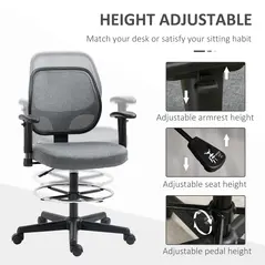 Vinsetto Drafting Chair, Fabric Office Chair, Ergonomic Painting Chair with Height Armrest Adjustable and Foot Ring, 360° Swivel Stool Chair for Standing Desk, Grey - 4