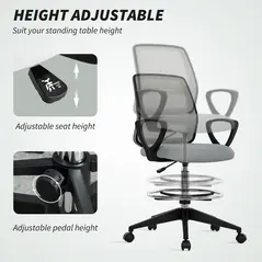Vinsetto 100-120cm Draughtsman Office Chair, with Footrest - Light Grey - 6