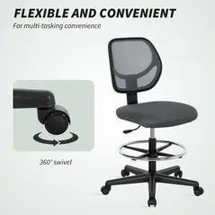 Vinsetto Ergonomic Mesh Standing Desk Chair with Adjustable Footrest Ring and Seat Height Charcoal Grey - 7