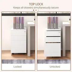 Vinsetto 3-Drawer Vertical Filing Cabinet with Pencil Tray, Lock and 5 Wheels, Steel Mobile File Cabinet, for A4, Legal and Letter Size, Pre-Assembled Body, White - 6