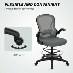 Vinsetto Drafting Chair, Ergonomic Tall Office Chair with Flip-up Armrests, Mesh Back, Lumbar Support, Adjustable Height and Foot Ring, Swivel Wheels, for Standing Desk, Charcoal Grey - 8