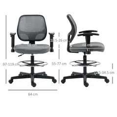 Vinsetto Drafting Chair, Fabric Office Chair, Ergonomic Painting Chair with Height Armrest Adjustable and Foot Ring, 360° Swivel Stool Chair for Standing Desk, Grey - 3