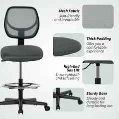 Vinsetto Ergonomic Mesh Standing Desk Chair with Adjustable Footrest Ring and Seat Height Charcoal Grey - 8