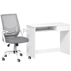 Vinsetto Home Office Chair and Computer Desk Set, Mesh Chair with with 90° Flip-up Armrest, Study Desk with Keyboard Tray and Drawer, White and Grey - 1