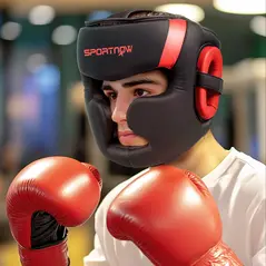 SPORTNOW Boxing Headguard w/ Adjustable Strap for Sparring, Kickboxing, MMA, Red/Black - 2