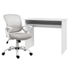 Vinsetto Home Office Chair and Computer Desk Set, Mesh Chair with Swivel Wheels, Study Desk with Storage Shelf, High Gloss White and Grey - 1