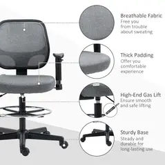 Vinsetto Drafting Chair, Fabric Office Chair, Ergonomic Painting Chair with Height Armrest Adjustable and Foot Ring, 360° Swivel Stool Chair for Standing Desk, Grey - 7