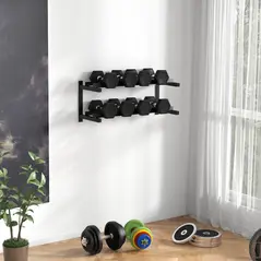 SPORTNOW Wall-Mounted Dumbbell Rack, 2-Tier Weight Stand, Space-Saving and Multi-Functional Steel organiser for Home Gym, Black - 2