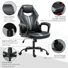 Vinsetto Computer Gaming Chair, Desk Chair with Breathable PU Leather Back and Seat, Soft Padded Armrests and Rolling Wheels for Adults and Gamers, Black - 7