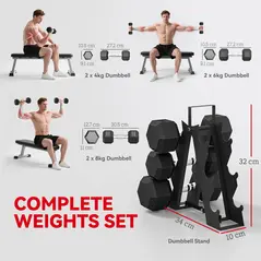SPORTNOW Hex Dumbbell Set with Weights Storage Rack, Rubber Coated Dumbbells, Non-Slip Chrome Handles, Space-Saving for Home Gym Weight Lifting Strength Training, 2 x 2kg, 2 x 5kg, 2 x 8kg - 4
