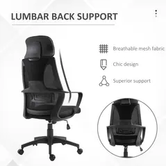 Vinsetto Ergonomic Office Chair, High Back Computer Chair, Mesh Desk Chair with Lumbar Support, Headrest, Wheel, Adjustable Height, Black - 6