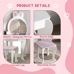 ZONEKIZ Bunny-Design Kids Dressing Table, with Mirror and Stool - White and Pink - 6
