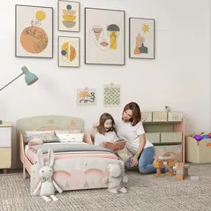 ZONEKIZ Toddler Bed Frame, Kids Storage Shelf Unit with 6 Fabric Bins for Ages 3-6 Years, Pink - 2