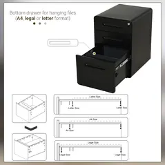 Vinsetto Lockable File Cabinet with 3 Drawers, Vertical Office Drawer for A4, Letter, Legal Size, Anti-tilt Design, Pre-Assembled Body, Black - 6
