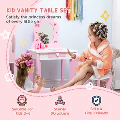 ZONEKIZ 4PCs Kids Bedroom Furniture Set with Bed, Toy Box Bench, Dressing Table and Stool, Princess Themed, for 3-6 Years Old, Pink - 4