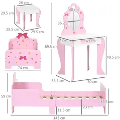 ZONEKIZ 3PCs Kids Bedroom Furniture Set with Bed, Dressing Table and Stool, Princess Themed, for 3-6 Years Old, Pink - 3