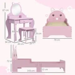 ZONEKIZ Wooden Kids Bedroom Furniture Set with Kids Dressing Table, Stool, Bed, for 3-6 Years, Cat-Design - 3