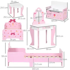 ZONEKIZ 4PCs Kids Bedroom Furniture Set with Bed, Toy Box Bench, Dressing Table and Stool, Princess Themed, for 3-6 Years Old, Pink - 3