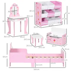 ZONEKIZ 5PCs Kids Bedroom Furniture Set with Bed, Toy Box Bench, Storage Unit, Dressing Table and Stool, Princess Themed, for 3-6 Years Old, Pink - 3