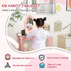 ZONEKIZ Toddler Bed Frame, Kids Dressing Table with Mirror and Stool, Cute Animal Design Kids Bedroom Furniture Set for Ages 3-6 Years, Pink - 5