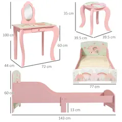 ZONEKIZ Toddler Bed Frame, Kids Dressing Table with Mirror and Stool, Cute Animal Design Kids Bedroom Furniture Set for Ages 3-6 Years, Pink - 3