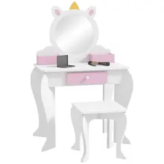 ZONEKIZ Unicorn-Design Kids Dressing Table, with Mirror and Stool - White - 1