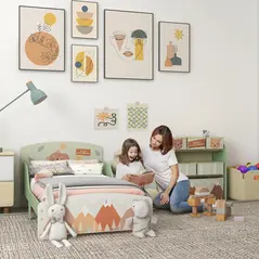 ZONEKIZ Toddler Bed Frame, Kids Storage Shelf Unit with 6 Fabric Bins for Ages 3-6 Years, Green - 2