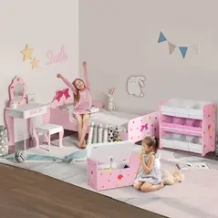ZONEKIZ 5PCs Kids Bedroom Furniture Set with Bed, Toy Box Bench, Storage Unit, Dressing Table and Stool, Princess Themed, for 3-6 Years Old, Pink - 2