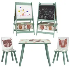 ZONEKIZ Kids Table and Chair Set and Kids Easel with Paper Roll, Storage Baskets, Kids Activity Furniture Set, Green - 1