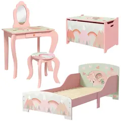 ZONEKIZ Kids Bedroom Furniture Set Includes Bed Frame, Toy Chest, Dressing Table for Ages 3-6 Years, Pink - 1