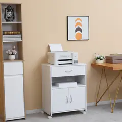 Vinsetto Printer Stand Mobile Printer Cabinet with Storage, Open Shelf, Drawer for Home Office, 60cm x 39cm x 80cm, White - 2