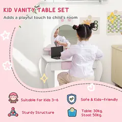 ZONEKIZ Bunny-Design Kids Dressing Table, with Mirror and Stool - White and Pink - 4